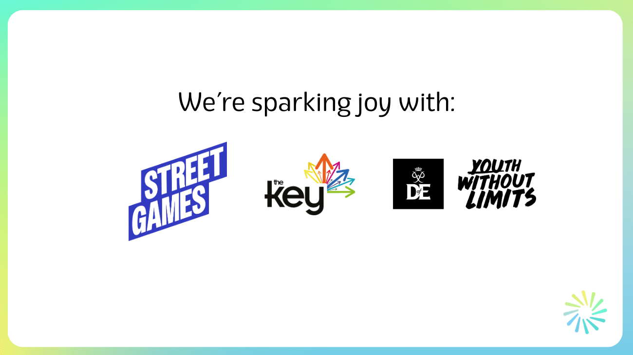the words we're sparking joy with followed by the logos for StreetGames, The Key and The Duke Of Edinburgh's Award