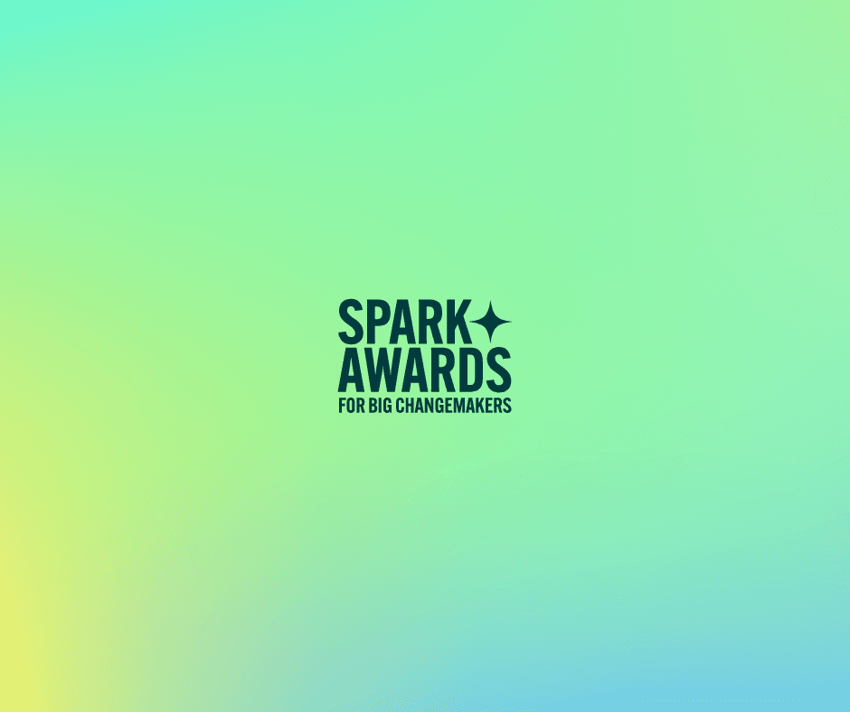 Words in dark green saying Spark Awards for Big Changemakers on a light yellow and turquoise background